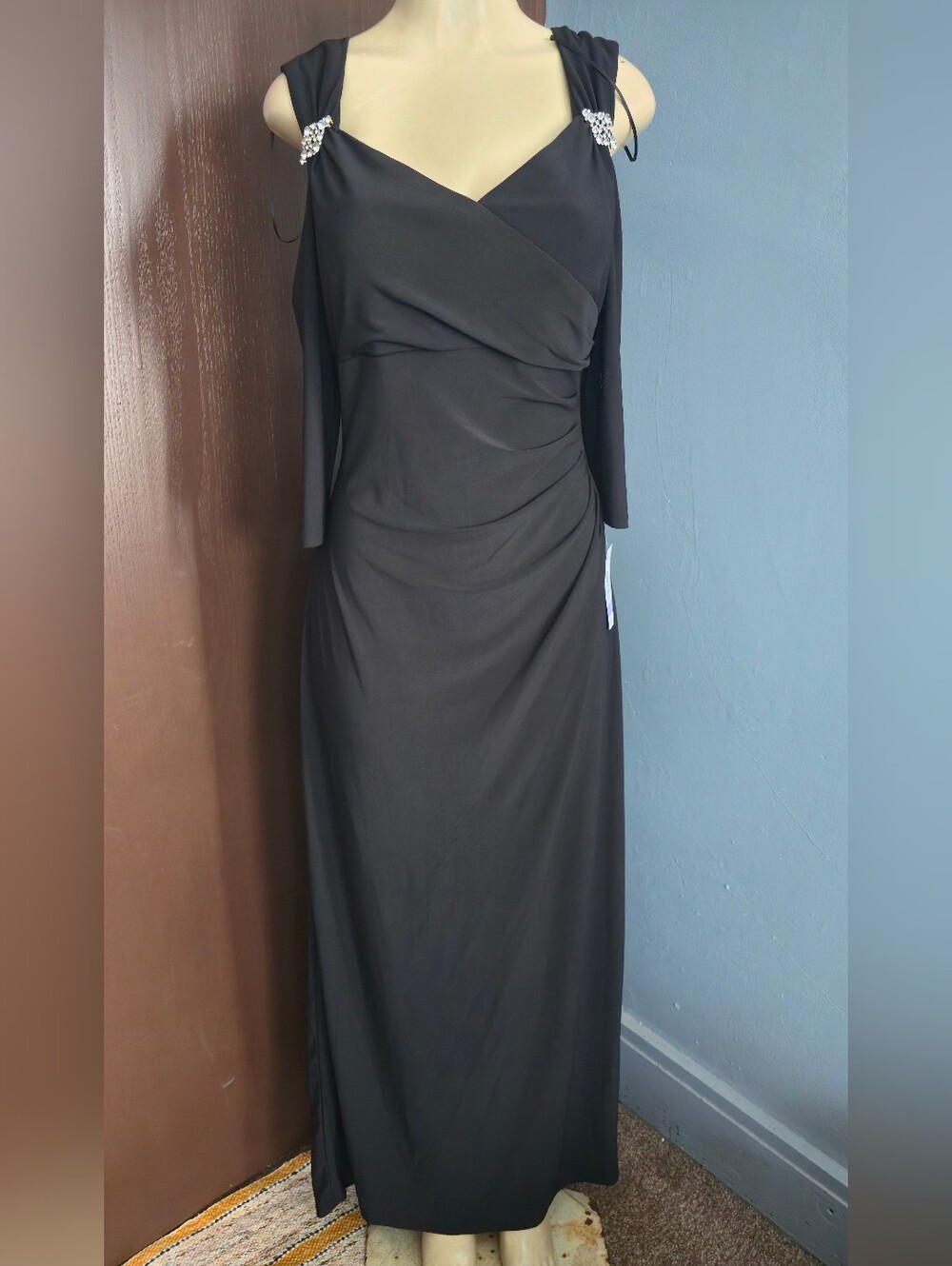 R&M Richards Black Draped V-Neck Maxi Dress with Shoulder Accents